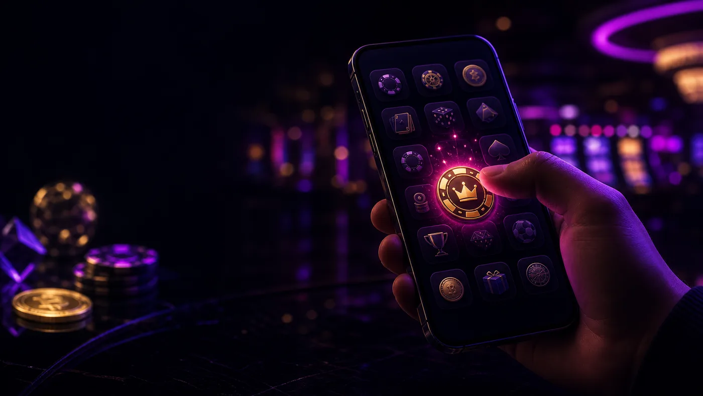 Hand som håller en mobil med en casinoikon på hemskärmen