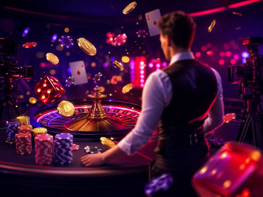 Croupier vid ett live roulettebord i studio